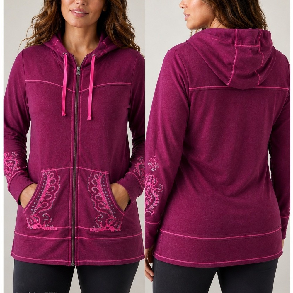 Athleta Boho Embroidered Longline Zip Hoodie Size L Y2K Yoga Indie